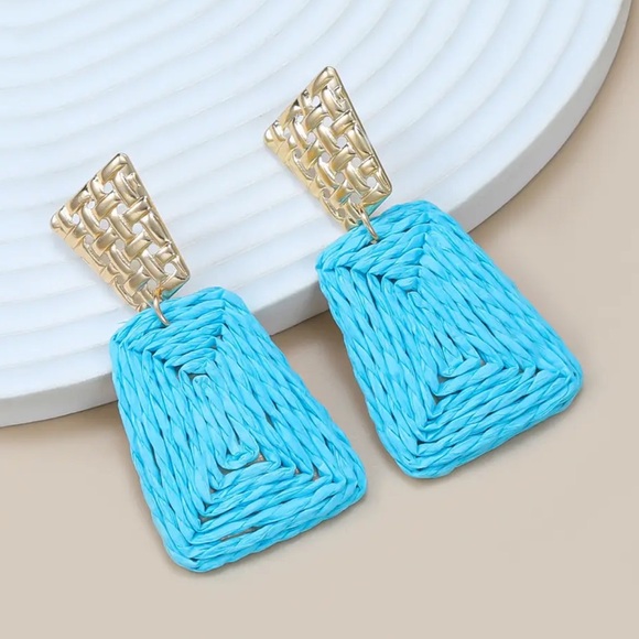 Boutique Jewelry - NEW| Boho Raffia Trapezoid Gold & Blue Dangle Earrings